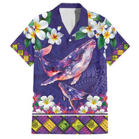 Hawaiian Plumeria and Humpback Whales Family Matching Summer Maxi Dress and Hawaiian Shirt Polynerian Art Tattoo-Navy Color