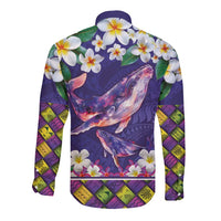 Hawaiian Plumeria and Humpback Whales Long Sleeve Button Shirt Polynerian Art Tattoo-Navy Color