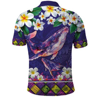 Hawaiian Plumeria and Humpback Whales Polo Shirt Polynerian Art Tattoo-Navy Color