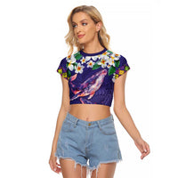 Hawaiian Plumeria and Humpback Whales Raglan Cropped T Shirt Polynerian Art Tattoo-Navy Color LT03 Female Navy - Polynesian Pride