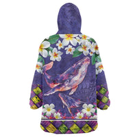 Hawaiian Plumeria and Humpback Whales Wearable Blanket Hoodie Polynerian Art Tattoo-Navy Color