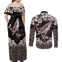 Hawaiian Plumeria and Humpback Whales Couples Matching Off Shoulder Maxi Dress and Long Sleeve Button Shirt Polynerian Art Tattoo-Grayscale Mode