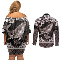 Hawaiian Plumeria and Humpback Whales Couples Matching Off Shoulder Short Dress and Long Sleeve Button Shirt Polynerian Art Tattoo-Grayscale Mode
