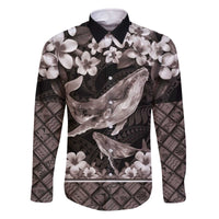 Hawaiian Plumeria and Humpback Whales Family Matching Off The Shoulder Long Sleeve Dress and Hawaiian Shirt Polynerian Art Tattoo-Grayscale Mode