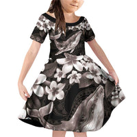 Hawaiian Plumeria and Humpback Whales Family Matching Off Shoulder Short Dress and Hawaiian Shirt Polynerian Art Tattoo-Grayscale Mode