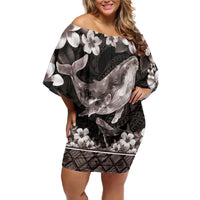 Hawaiian Plumeria and Humpback Whales Family Matching Off Shoulder Short Dress and Hawaiian Shirt Polynerian Art Tattoo-Grayscale Mode
