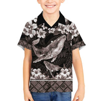 Hawaiian Plumeria and Humpback Whales Family Matching Puletasi and Hawaiian Shirt Polynerian Art Tattoo-Grayscale Mode