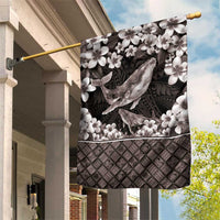 Hawaiian Plumeria and Humpback Whales Garden Flag Polynerian Art Tattoo-Grayscale Mode