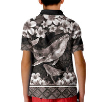 Hawaiian Plumeria and Humpback Whales Kid Polo Shirt Polynerian Art Tattoo-Grayscale Mode
