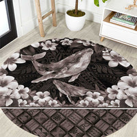 Hawaiian Plumeria and Humpback Whales Round Carpet Polynerian Art Tattoo-Grayscale Mode