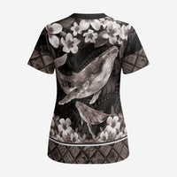 Hawaiian Plumeria and Humpback Whales Scrub Top Polynerian Art Tattoo-Grayscale Mode - Polynesian Pride