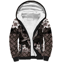 Hawaiian Plumeria and Humpback Whales Sherpa Hoodie Polynerian Art Tattoo-Grayscale Mode