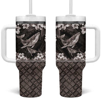 Hawaiian Plumeria and Humpback Whales Tumbler With Handle Polynerian Art Tattoo-Grayscale Mode