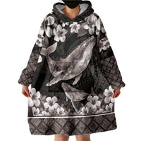Hawaiian Plumeria and Humpback Whales Wearable Blanket Hoodie Polynerian Art Tattoo-Grayscale Mode