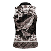 Hawaiian Plumeria and Humpback Whales Women Sleeveless Polo Shirt Polynerian Art Tattoo-Grayscale Mode LT03 - Polynesian Pride