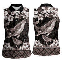 Hawaiian Plumeria and Humpback Whales Women Sleeveless Polo Shirt Polynerian Art Tattoo-Grayscale Mode LT03 - Polynesian Pride