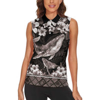 Hawaiian Plumeria and Humpback Whales Women Sleeveless Polo Shirt Polynerian Art Tattoo-Grayscale Mode LT03 - Polynesian Pride