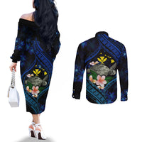Hawaii Turtle Plumeria Flower Fanciful Couples Matching Off The Shoulder Long Sleeve Dress and Long Sleeve Button Shirt LT03 - Polynesian Pride