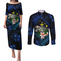 Hawaii Turtle Plumeria Flower Fanciful Couples Matching Puletasi and Long Sleeve Button Shirt