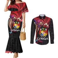 Tonga Emancipation Day Couples Matching Mermaid Dress and Long Sleeve Button Shirt Ngatu Humpback Whale Polynesian Flower LT03 Black - Polynesian Pride