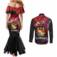 Tonga Emancipation Day Couples Matching Mermaid Dress and Long Sleeve Button Shirt Ngatu Humpback Whale Polynesian Flower LT03 - Polynesian Pride