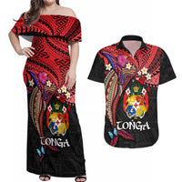 Tonga Emancipation Day Couples Matching Off Shoulder Maxi Dress and Hawaiian Shirt Ngatu Humpback Whale Polynesian Flower LT03 Black - Polynesian Pride