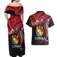 Tonga Emancipation Day Couples Matching Off Shoulder Maxi Dress and Hawaiian Shirt Ngatu Humpback Whale Polynesian Flower LT03 - Polynesian Pride