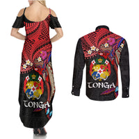 Tonga Emancipation Day Couples Matching Summer Maxi Dress and Long Sleeve Button Shirt Ngatu Humpback Whale Polynesian Flower
