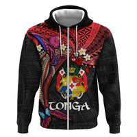 Tonga Emancipation Day Hoodie Ngatu Humpback Whale Polynesian Flower LT03 Zip Hoodie Black - Polynesian Pride