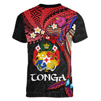 Tonga Emancipation Day Women V-Neck T-Shirt Ngatu Humpback Whale Polynesian Flower