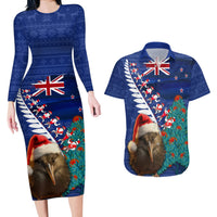 New Zealand Christmas Couples Matching Long Sleeve Bodycon Dress and Hawaiian Shirt Kiwi Bird Santa and Silver Fern Funny Haka Dance LT03 Blue - Polynesian Pride