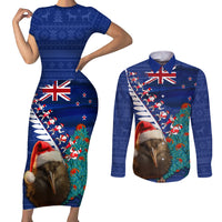 New Zealand Christmas Couples Matching Short Sleeve Bodycon Dress and Long Sleeve Button Shirt Kiwi Bird Santa and Silver Fern Funny Haka Dance LT03 Blue - Polynesian Pride