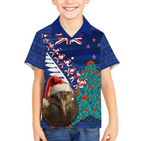 New Zealand Christmas Family Matching Off Shoulder Short Dress and Hawaiian Shirt Kiwi Bird Santa and Silver Fern Funny Haka Dance LT03 Son's Shirt Blue - Polynesian Pride