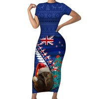 New Zealand Christmas Family Matching Short Sleeve Bodycon Dress and Hawaiian Shirt Kiwi Bird Santa and Silver Fern Funny Haka Dance LT03 Mom's Dress Blue - Polynesian Pride