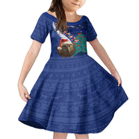New Zealand Christmas Family Matching Summer Maxi Dress and Hawaiian Shirt Kiwi Bird Santa and Silver Fern Funny Haka Dance LT03 Daughter's Dress Blue - Polynesian Pride