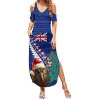 New Zealand Christmas Family Matching Summer Maxi Dress and Hawaiian Shirt Kiwi Bird Santa and Silver Fern Funny Haka Dance LT03 Mom's Dress Blue - Polynesian Pride