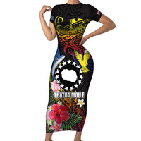 Cook Islands Independence Day Family Matching Short Sleeve Bodycon Dress and Hawaiian Shirt Maroro and Kakaia with Hibiscus Flower Polynesian Pattern