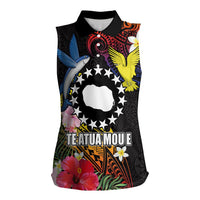 Cook Islands Independence Day Women Sleeveless Polo Shirt Maroro and Kakaia with Hibiscus Flower Polynesian Pattern LT03 Female Black - Polynesian Pride