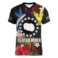Cook Islands Independence Day Women V-Neck T-Shirt Maroro and Kakaia with Hibiscus Flower Polynesian Pattern LT03 Female Black - Polynesian Pride