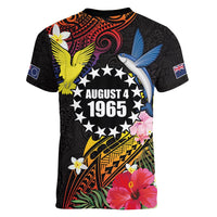 Cook Islands Independence Day Women V-Neck T-Shirt Maroro and Kakaia with Hibiscus Flower Polynesian Pattern LT03 - Polynesian Pride