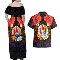 French Polynesia Bastille Day Couples Matching Off Shoulder Maxi Dress and Hawaiian Shirt Tiare Flower and National Seal Polynesian Pattern LT03 - Polynesian Pride