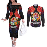 French Polynesia Bastille Day Couples Matching Off The Shoulder Long Sleeve Dress and Long Sleeve Button Shirt Tiare Flower and National Seal Polynesian Pattern LT03 Black - Polynesian Pride