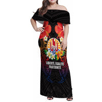 French Polynesia Bastille Day Family Matching Off Shoulder Maxi Dress and Hawaiian Shirt Tiare Flower and National Seal Polynesian Pattern LT03 Mom's Dress Black - Polynesian Pride