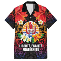 French Polynesia Bastille Day Family Matching Puletasi and Hawaiian Shirt Tiare Flower and National Seal Polynesian Pattern LT03 Dad's Shirt - Short Sleeve Black - Polynesian Pride