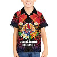 French Polynesia Bastille Day Family Matching Puletasi and Hawaiian Shirt Tiare Flower and National Seal Polynesian Pattern LT03 Son's Shirt Black - Polynesian Pride