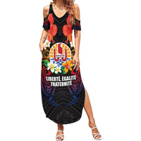 French Polynesia Bastille Day Family Matching Summer Maxi Dress and Hawaiian Shirt Tiare Flower and National Seal Polynesian Pattern LT03 Mom's Dress Black - Polynesian Pride
