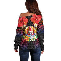 French Polynesia Bastille Day Off Shoulder Sweater Tiare Flower and National Seal Polynesian Pattern LT03 - Polynesian Pride