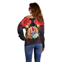 French Polynesia Bastille Day Off Shoulder Sweater Tiare Flower and National Seal Polynesian Pattern LT03 - Polynesian Pride