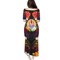 French Polynesia Bastille Day Puletasi Tiare Flower and National Seal Polynesian Pattern