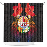 French Polynesia Bastille Day Shower Curtain Tiare Flower and National Seal Polynesian Pattern LT03 Black - Polynesian Pride